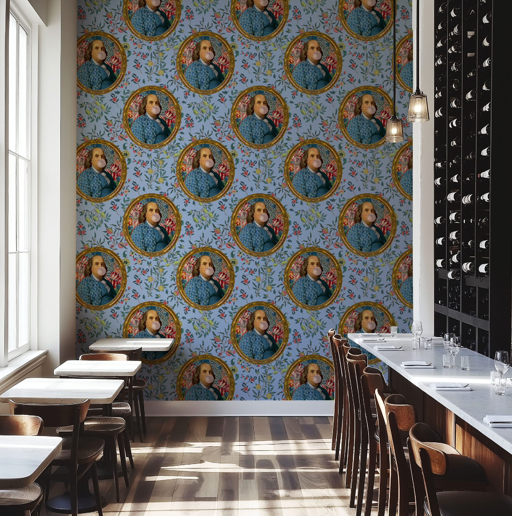 Benjamin Franklin Bubble Gum Funny Wallpaper | Peel and Stick or Traditional | Bathroom Accent Wall