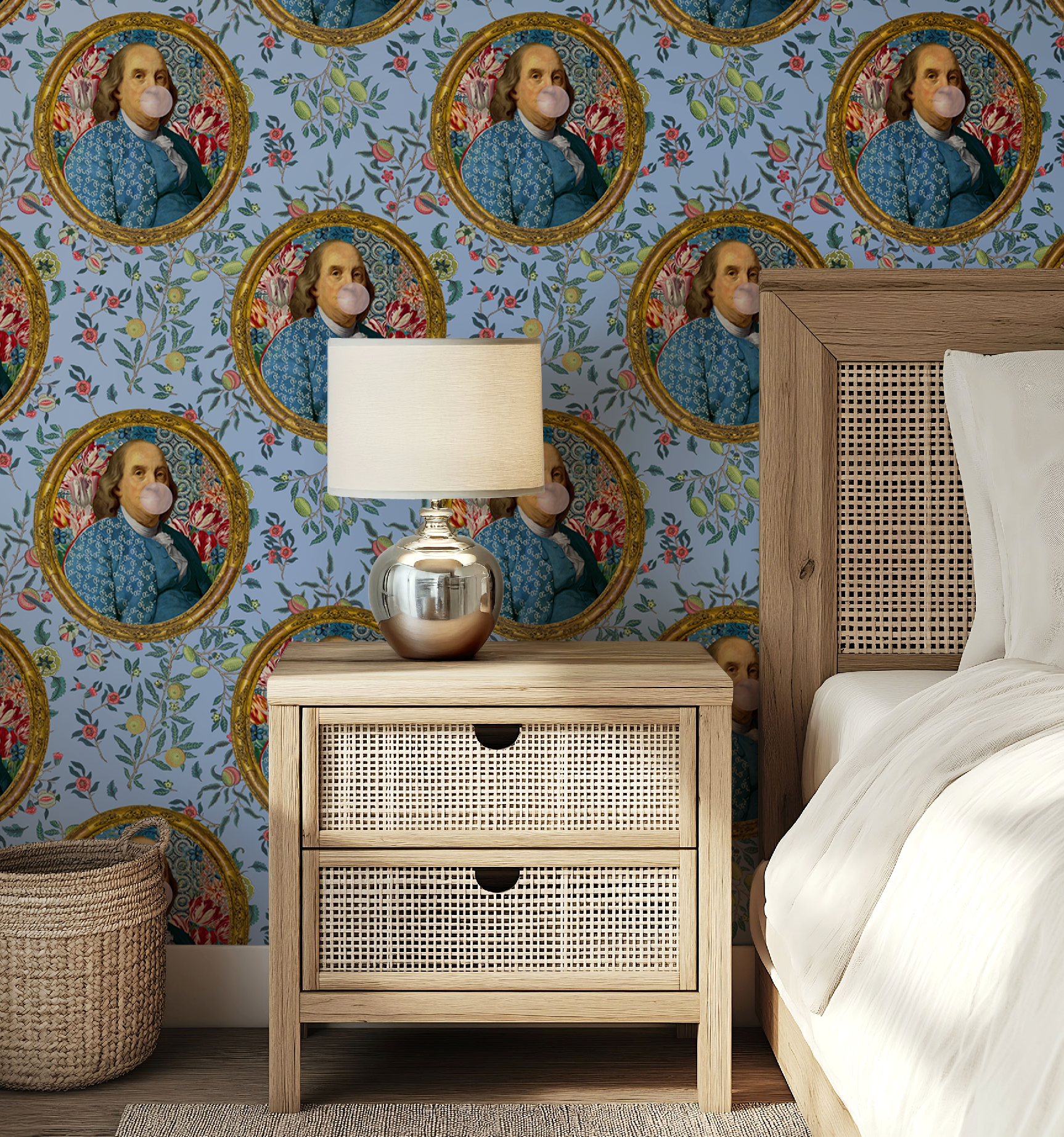 Benjamin Franklin Bubble Gum Funny Wallpaper | Peel and Stick or Traditional | Bathroom Accent Wall