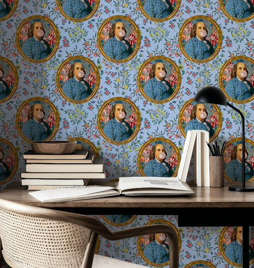 Benjamin Franklin Bubble Gum Funny Wallpaper | Peel and Stick or Traditional | Bathroom Accent Wall
