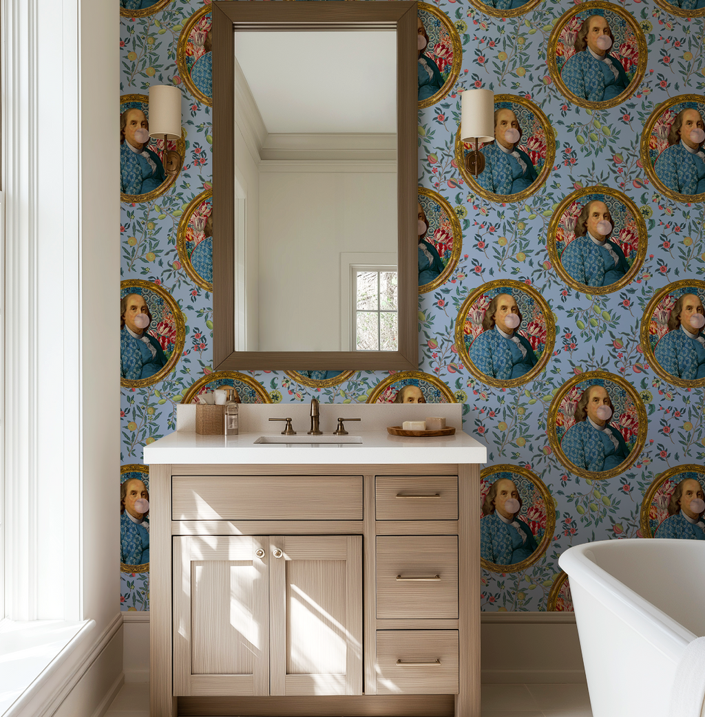 Benjamin Franklin Bubble Gum Funny Wallpaper | Peel and Stick or Traditional | Bathroom Accent Wall