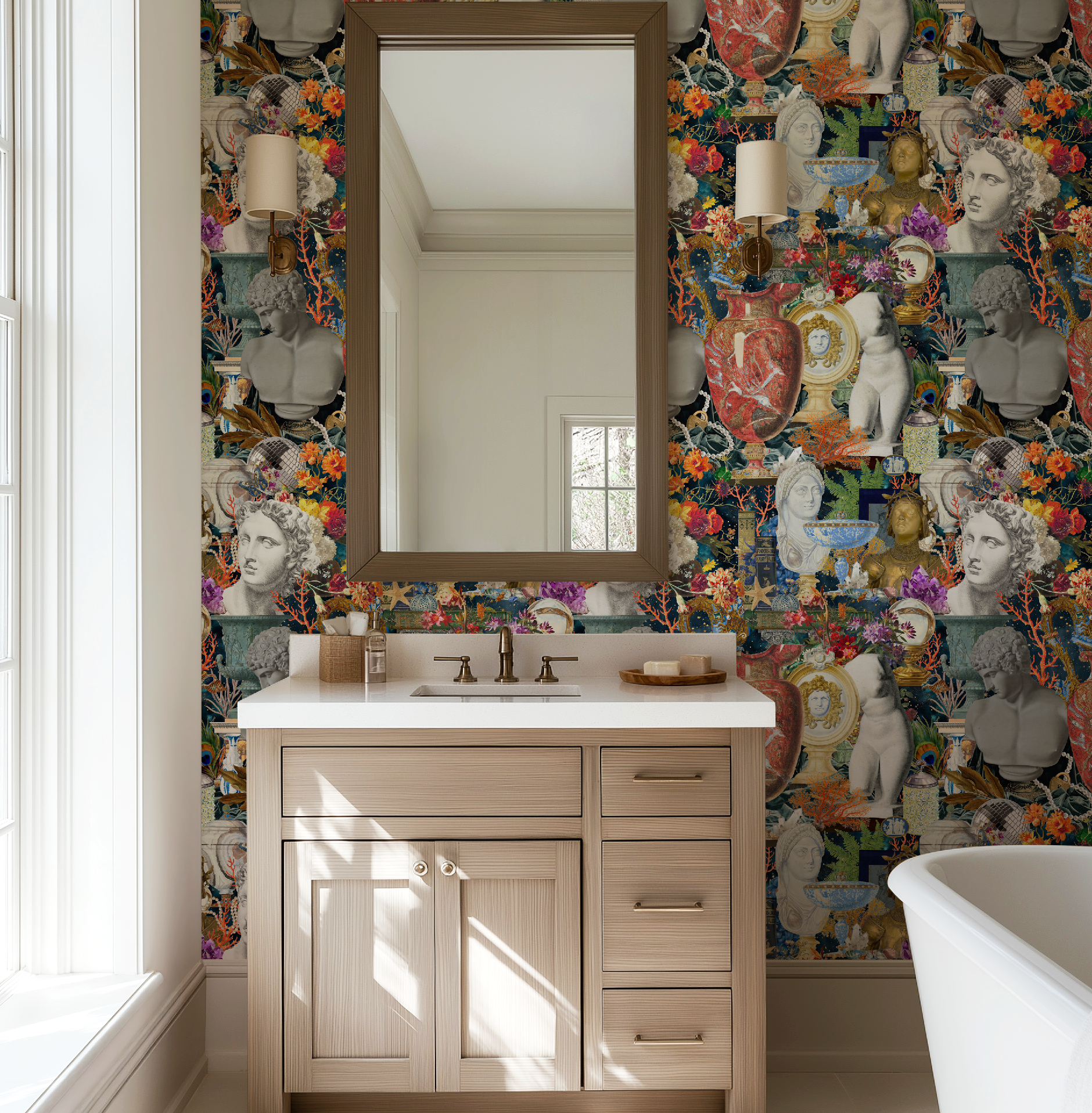 Maximalist Boho Wallpaper: Roman Statues and Modern Artifacts Peel & Stick or Traditional