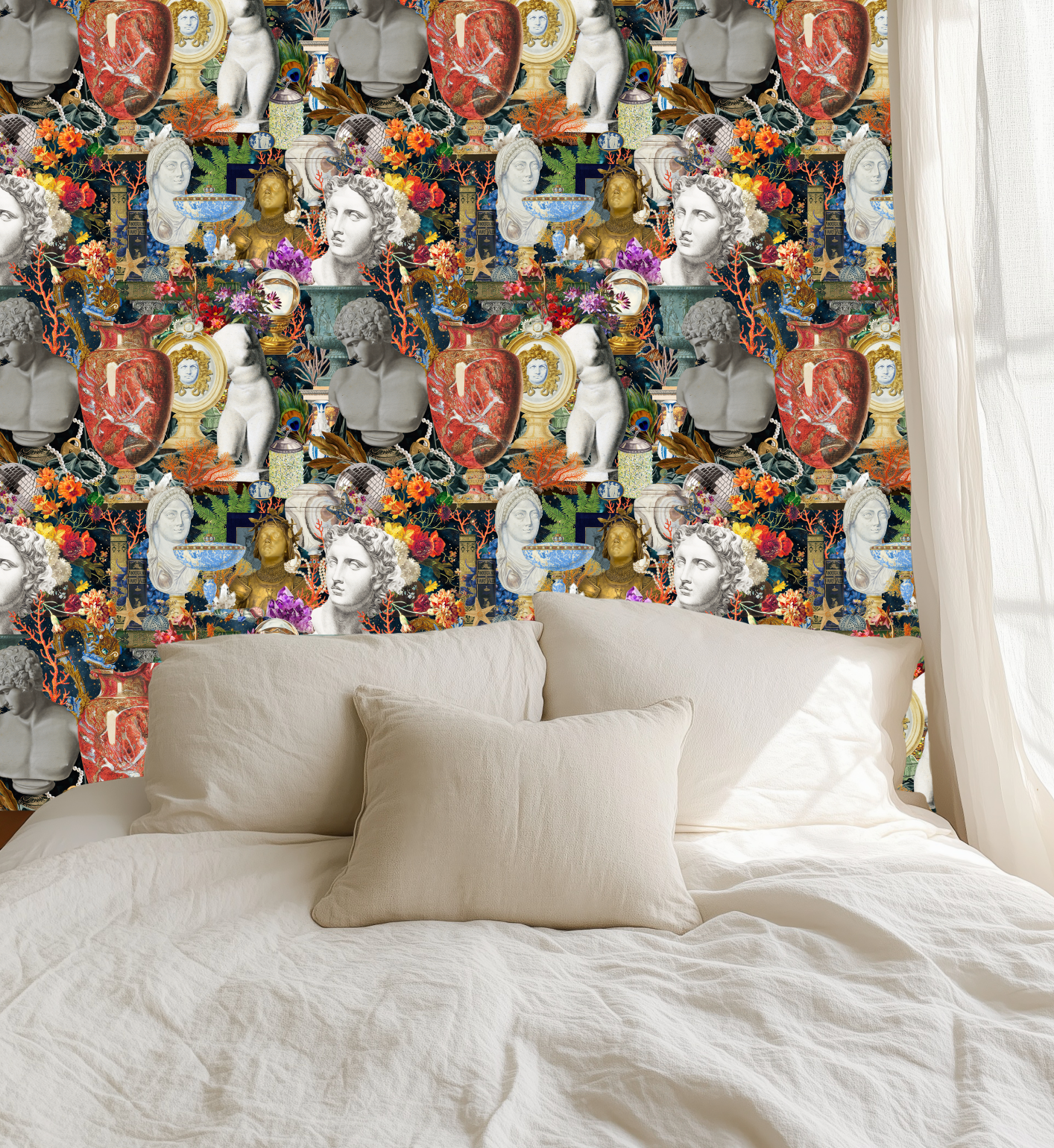 Maximalist Boho Wallpaper: Roman Statues and Modern Artifacts Peel & Stick or Traditional