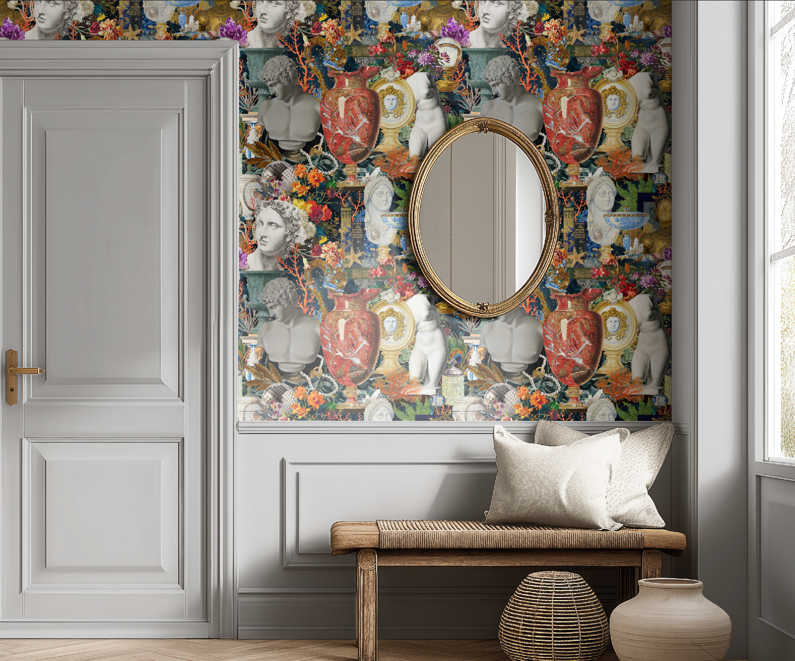 Maximalist Boho Wallpaper: Roman Statues and Modern Artifacts Peel & Stick or Traditional