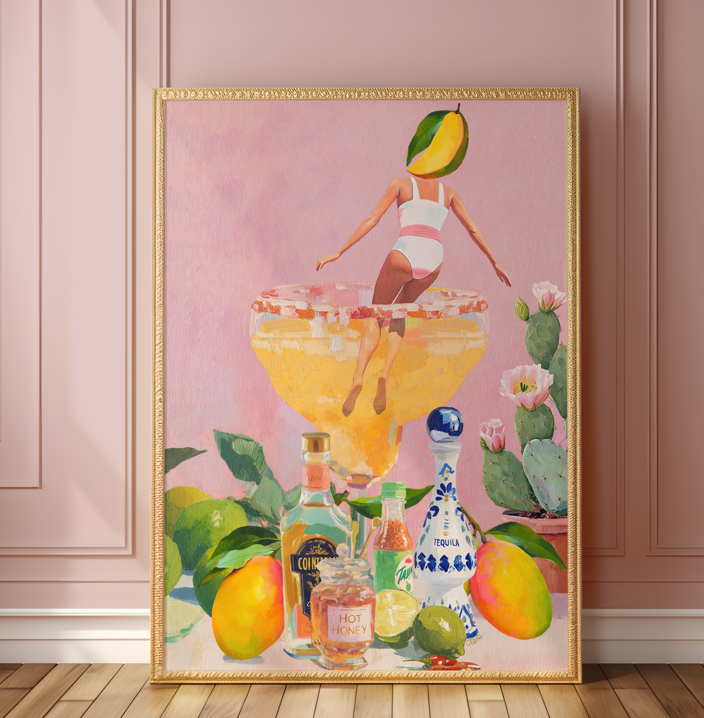 Spicy Mango Margarita Cocktail Poster: Tropical Bar Decor Art Print with Bold Beverage Illustration