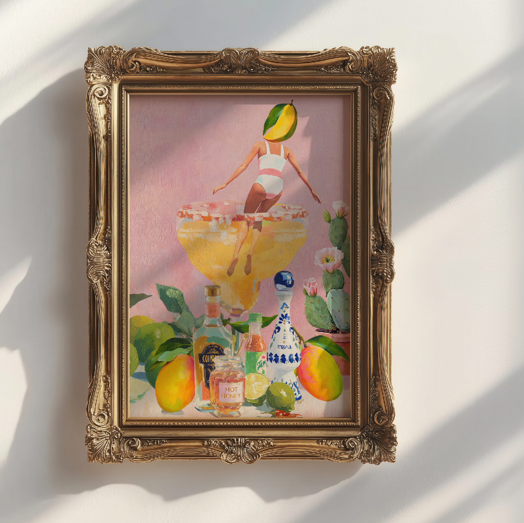Spicy Mango Margarita Cocktail Poster: Tropical Bar Decor Art Print with Bold Beverage Illustration