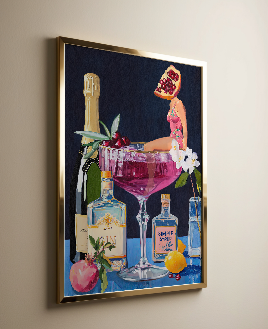 Pomegranate Cocktail Retro Bar Poster - Vintage French 75 Martini Wall Art for Home Kitchen Decor