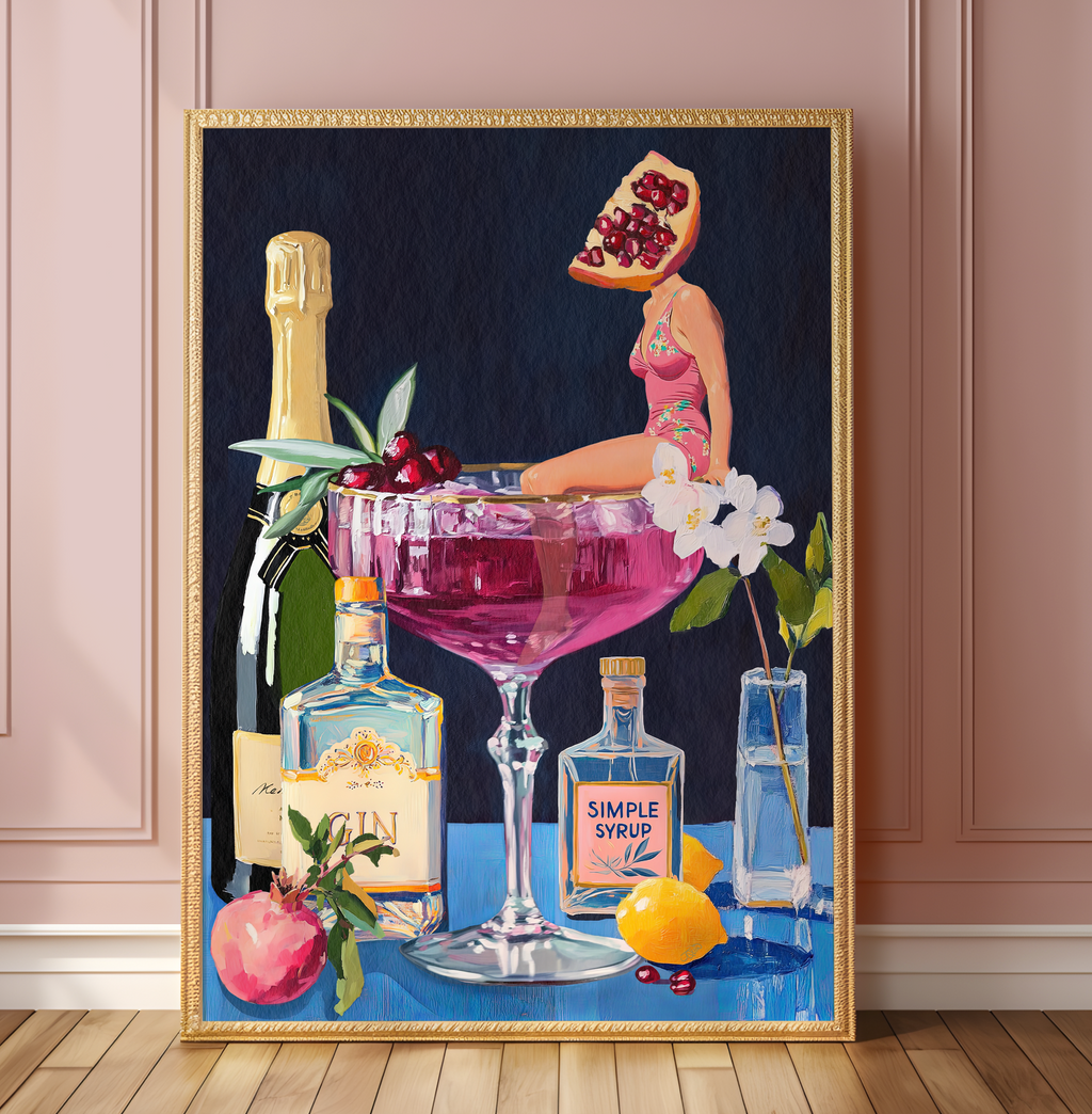 Pomegranate Cocktail Retro Bar Poster - Vintage French 75 Martini Wall Art for Home Kitchen Decor