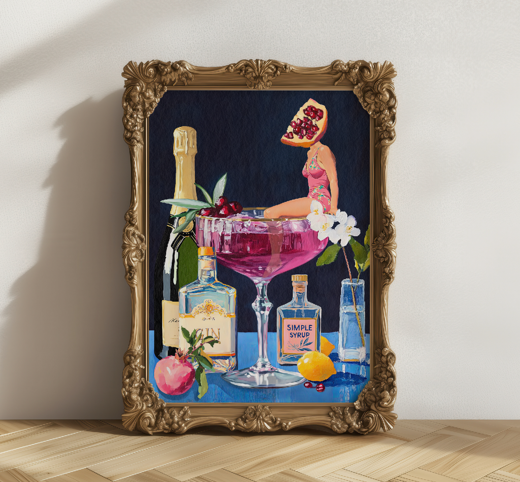 Pomegranate Cocktail Retro Bar Poster - Vintage French 75 Martini Wall Art for Home Kitchen Decor