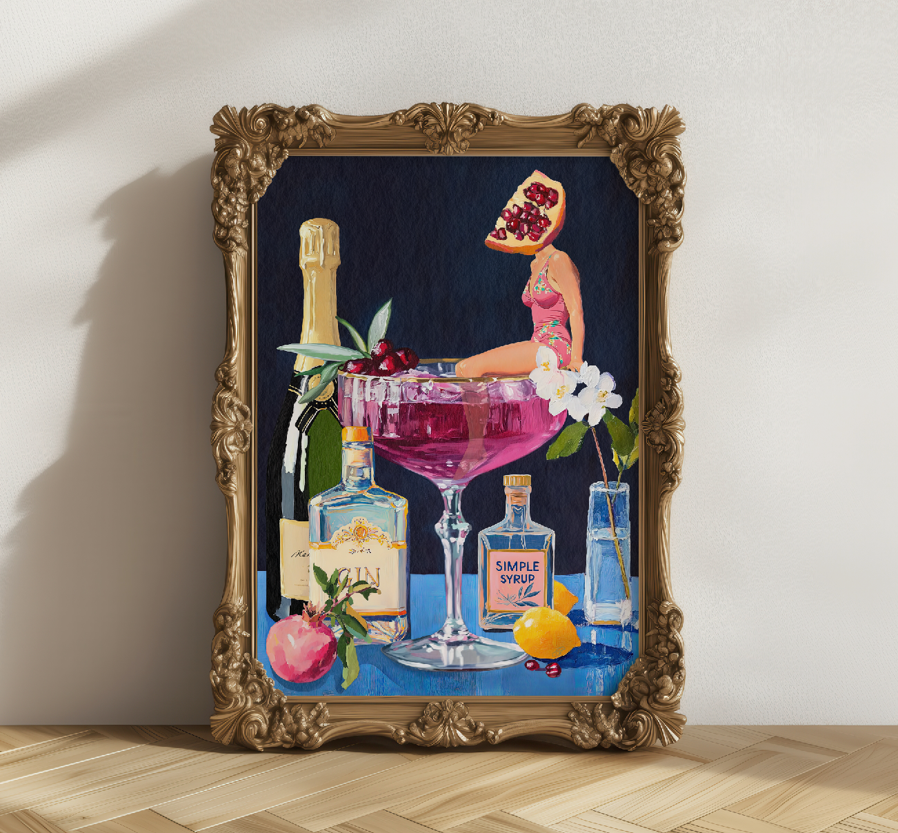 Pomegranate Cocktail Retro Bar Poster - Vintage French 75 Martini Wall Art for Home Kitchen Decor