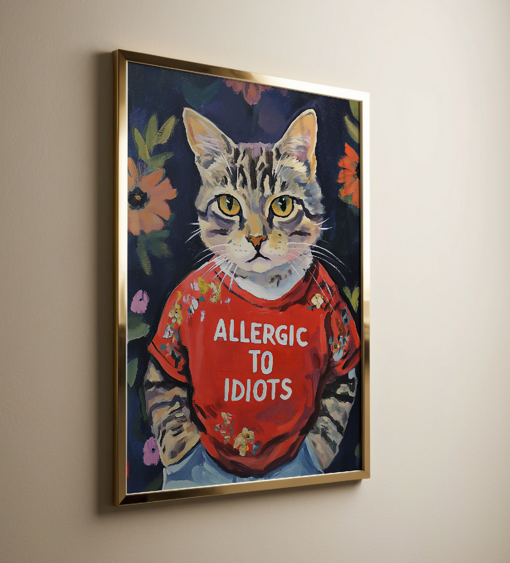 Sarcastic Cat Lover Wall Art: Allergic to Idiots Poster - Funny Kitty Quote Decor Gift