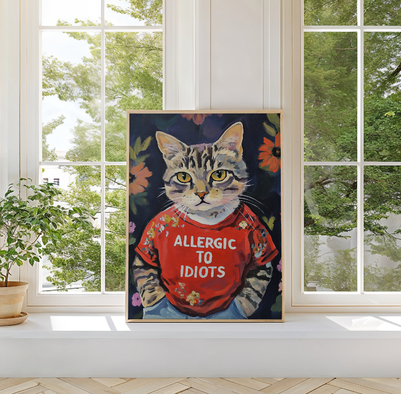 Sarcastic Cat Lover Wall Art: Allergic to Idiots Poster - Funny Kitty Quote Decor Gift