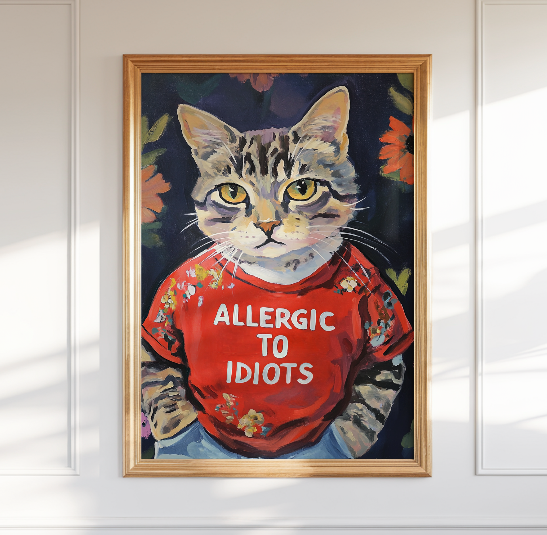 Sarcastic Cat Lover Wall Art: Allergic to Idiots Poster - Funny Kitty Quote Decor Gift