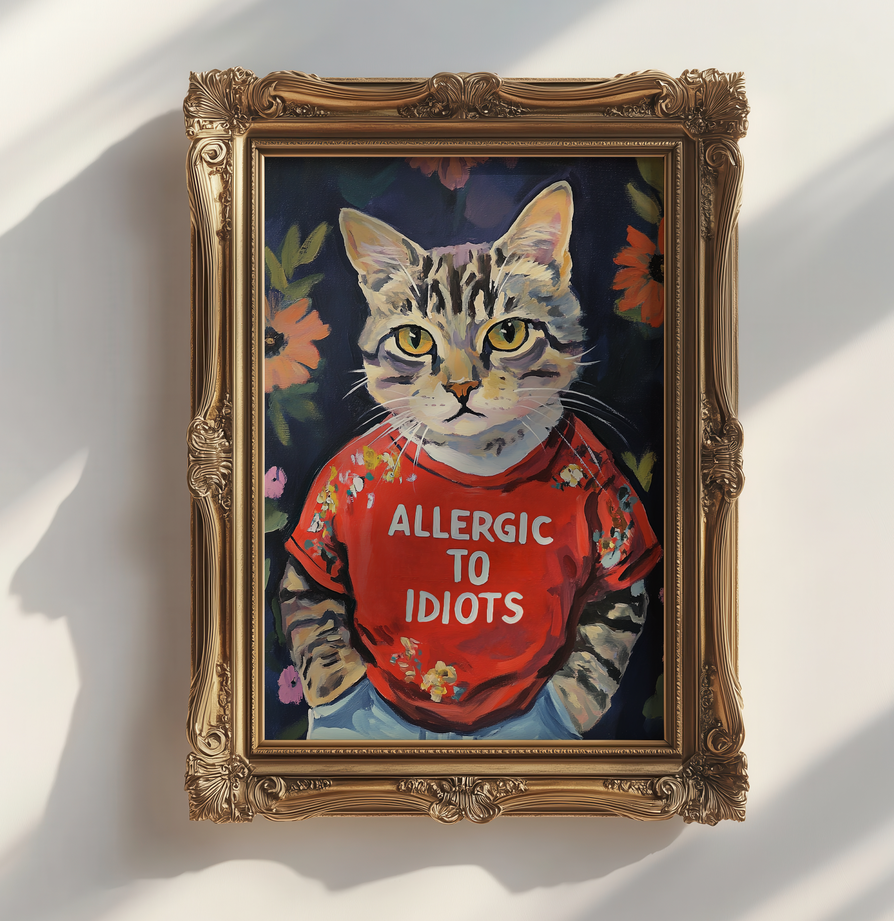 Sarcastic Cat Lover Wall Art: Allergic to Idiots Poster - Funny Kitty Quote Decor Gift
