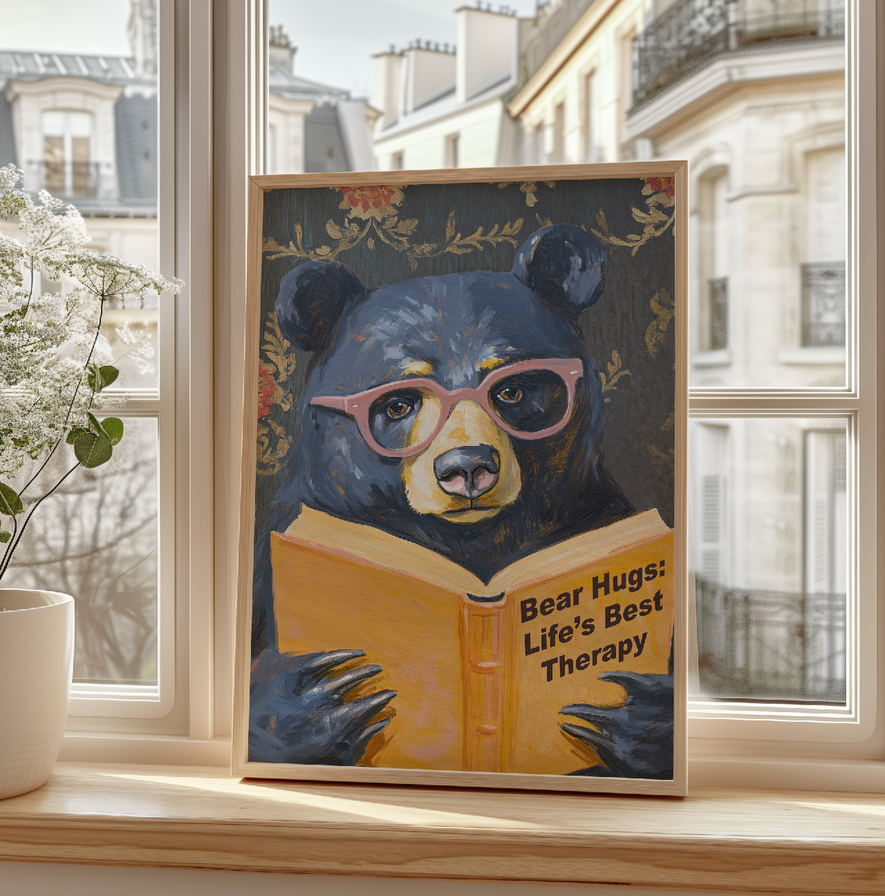 Whimsical Bear Reading Book Art Print – Cute Bear Hug Illustration, Fun Animal Art, Bear Lover Gift, Cozy Bear Wall Art