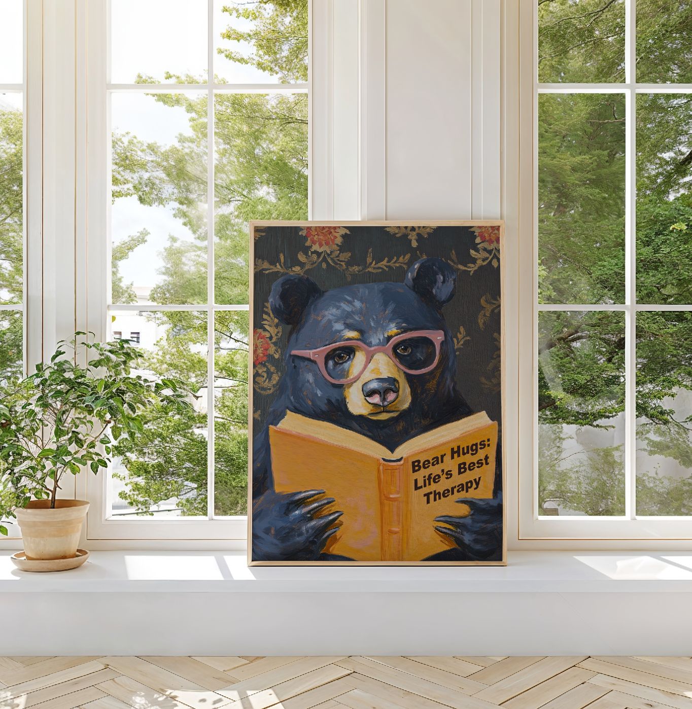 Whimsical Bear Reading Book Art Print – Cute Bear Hug Illustration, Fun Animal Art, Bear Lover Gift, Cozy Bear Wall Art
