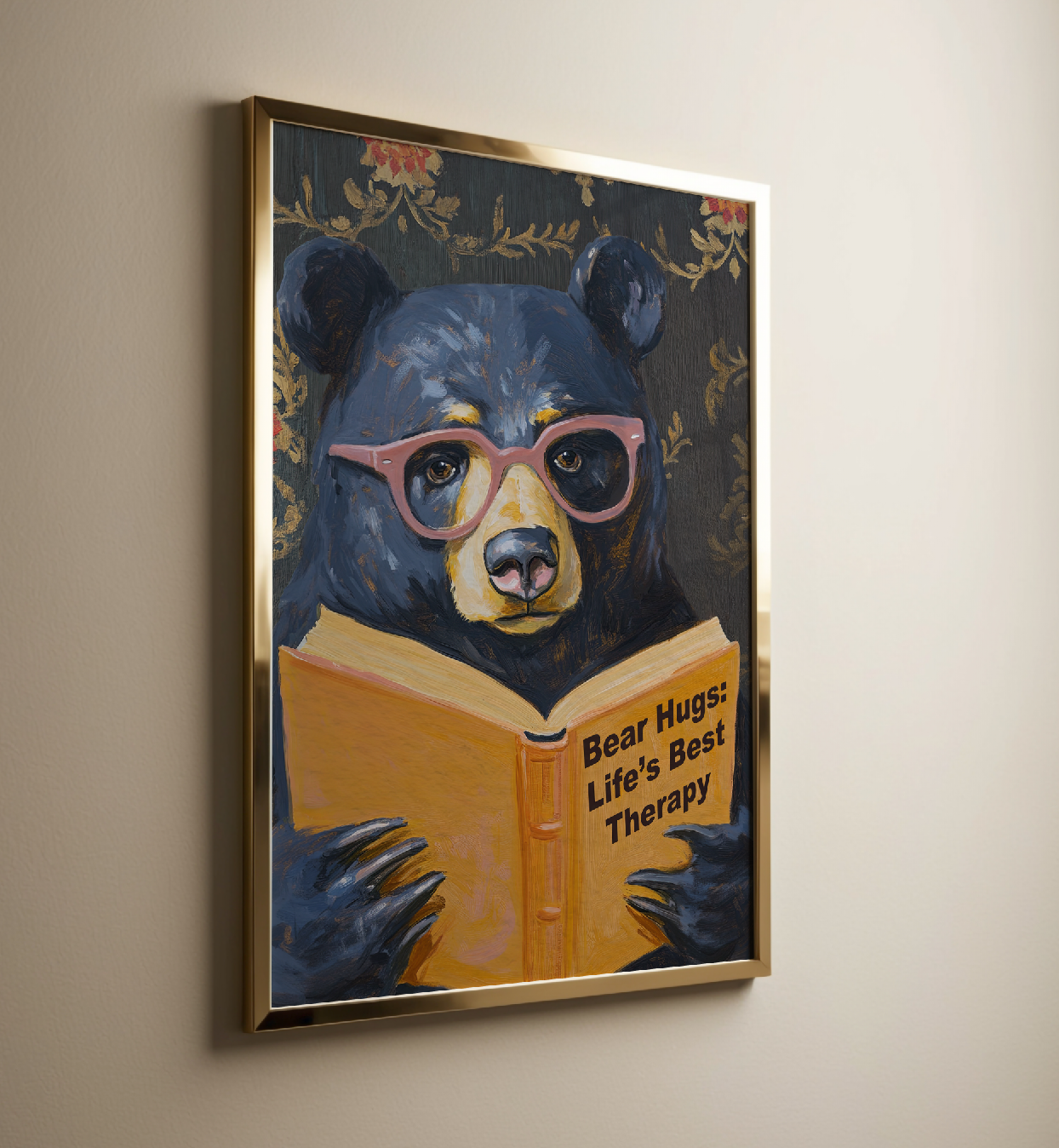 Whimsical Bear Reading Book Art Print – Cute Bear Hug Illustration, Fun Animal Art, Bear Lover Gift, Cozy Bear Wall Art