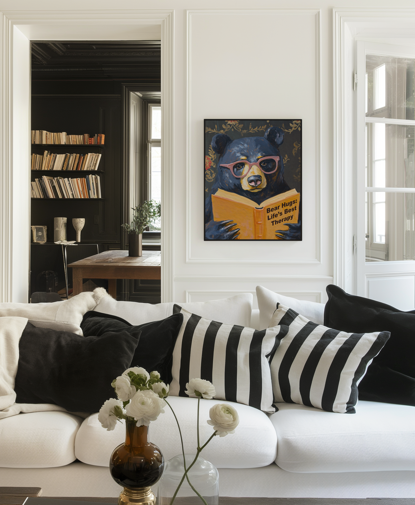 Whimsical Bear Reading Book Art Print – Cute Bear Hug Illustration, Fun Animal Art, Bear Lover Gift, Cozy Bear Wall Art