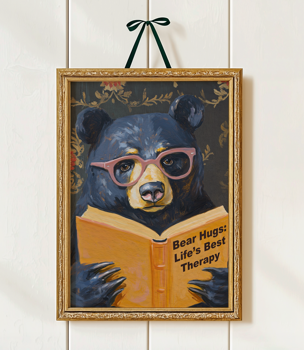 Whimsical Bear Reading Book Art Print – Cute Bear Hug Illustration, Fun Animal Art, Bear Lover Gift, Cozy Bear Wall Art