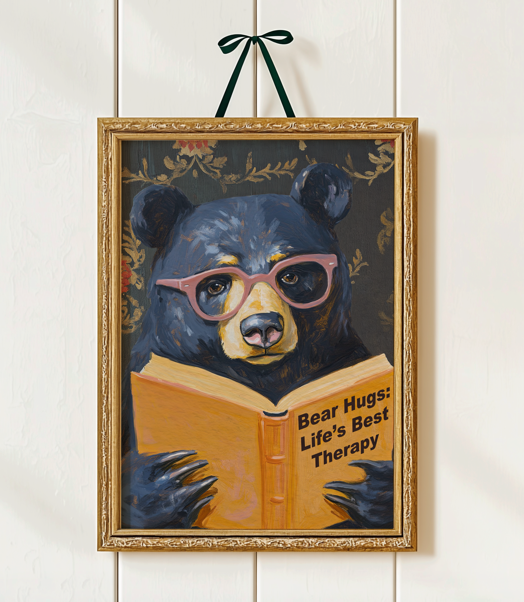 Whimsical Bear Reading Book Art Print – Cute Bear Hug Illustration, Fun Animal Art, Bear Lover Gift, Cozy Bear Wall Art