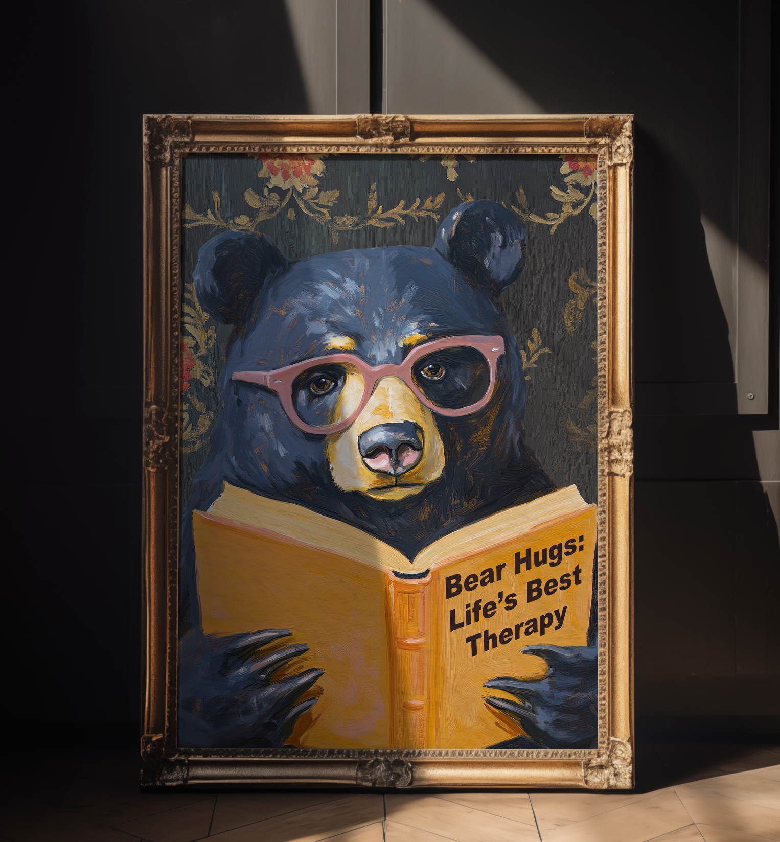 Whimsical Bear Reading Book Art Print – Cute Bear Hug Illustration, Fun Animal Art, Bear Lover Gift, Cozy Bear Wall Art