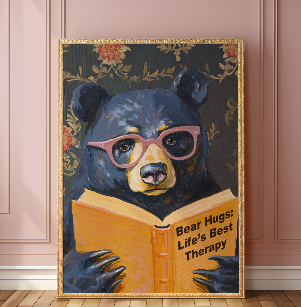 Whimsical Bear Reading Book Art Print – Cute Bear Hug Illustration, Fun Animal Art, Bear Lover Gift, Cozy Bear Wall Art