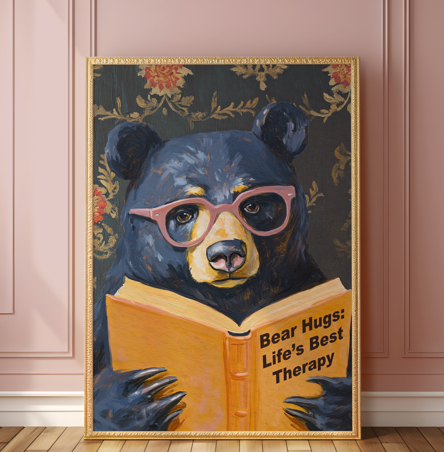 Whimsical Bear Reading Book Art Print – Cute Bear Hug Illustration, Fun Animal Art, Bear Lover Gift, Cozy Bear Wall Art