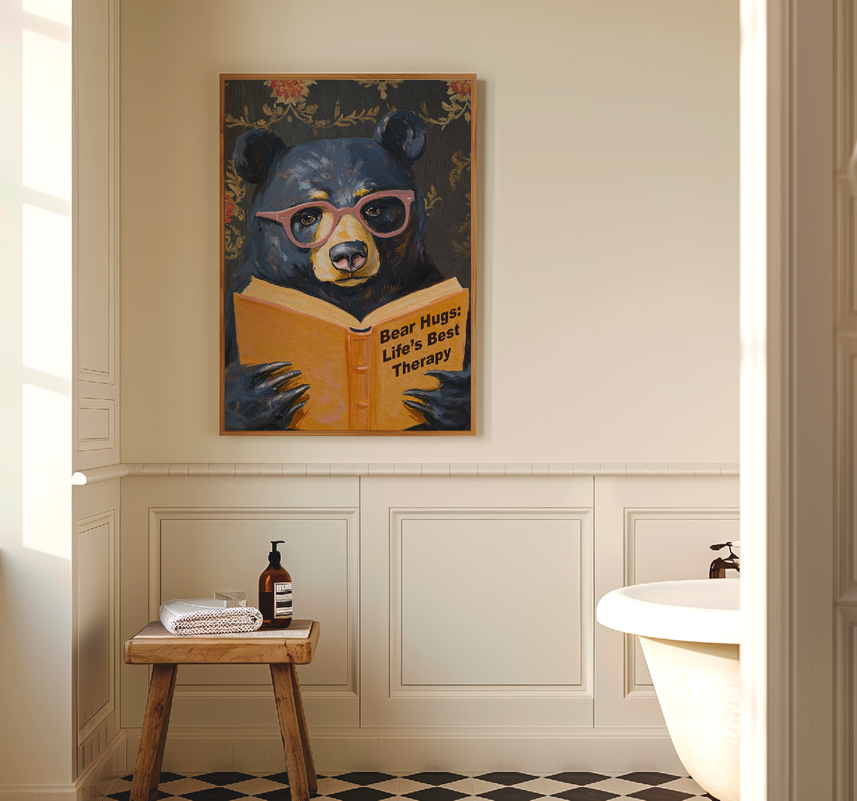 Whimsical Bear Reading Book Art Print – Cute Bear Hug Illustration, Fun Animal Art, Bear Lover Gift, Cozy Bear Wall Art