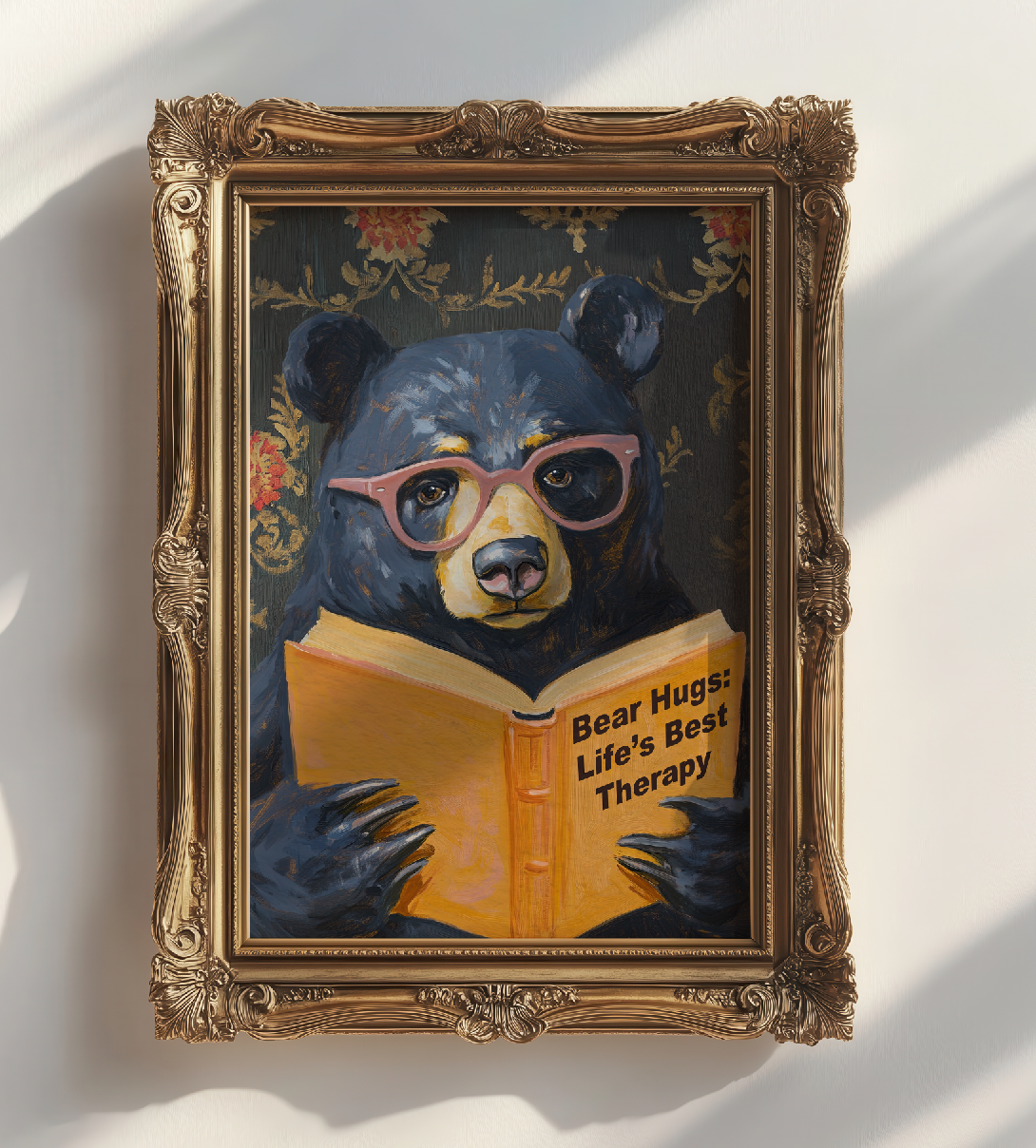 Whimsical Bear Reading Book Art Print – Cute Bear Hug Illustration, Fun Animal Art, Bear Lover Gift, Cozy Bear Wall Art