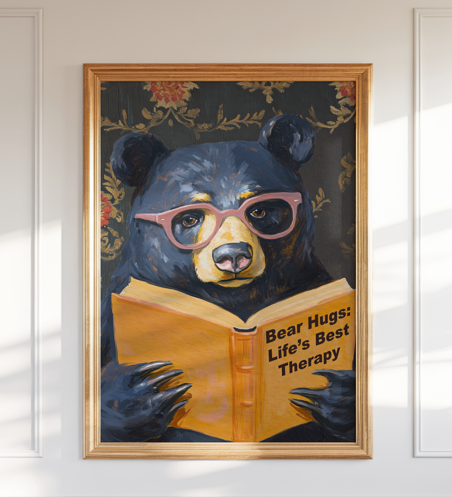 Whimsical Bear Reading Book Art Print – Cute Bear Hug Illustration, Fun Animal Art, Bear Lover Gift, Cozy Bear Wall Art