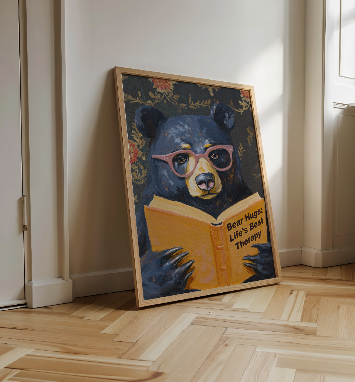 Whimsical Bear Reading Book Art Print – Cute Bear Hug Illustration, Fun Animal Art, Bear Lover Gift, Cozy Bear Wall Art