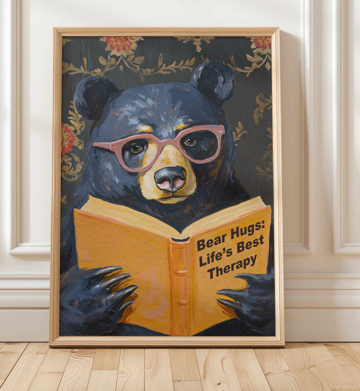 Whimsical Bear Reading Book Art Print – Cute Bear Hug Illustration, Fun Animal Art, Bear Lover Gift, Cozy Bear Wall Art