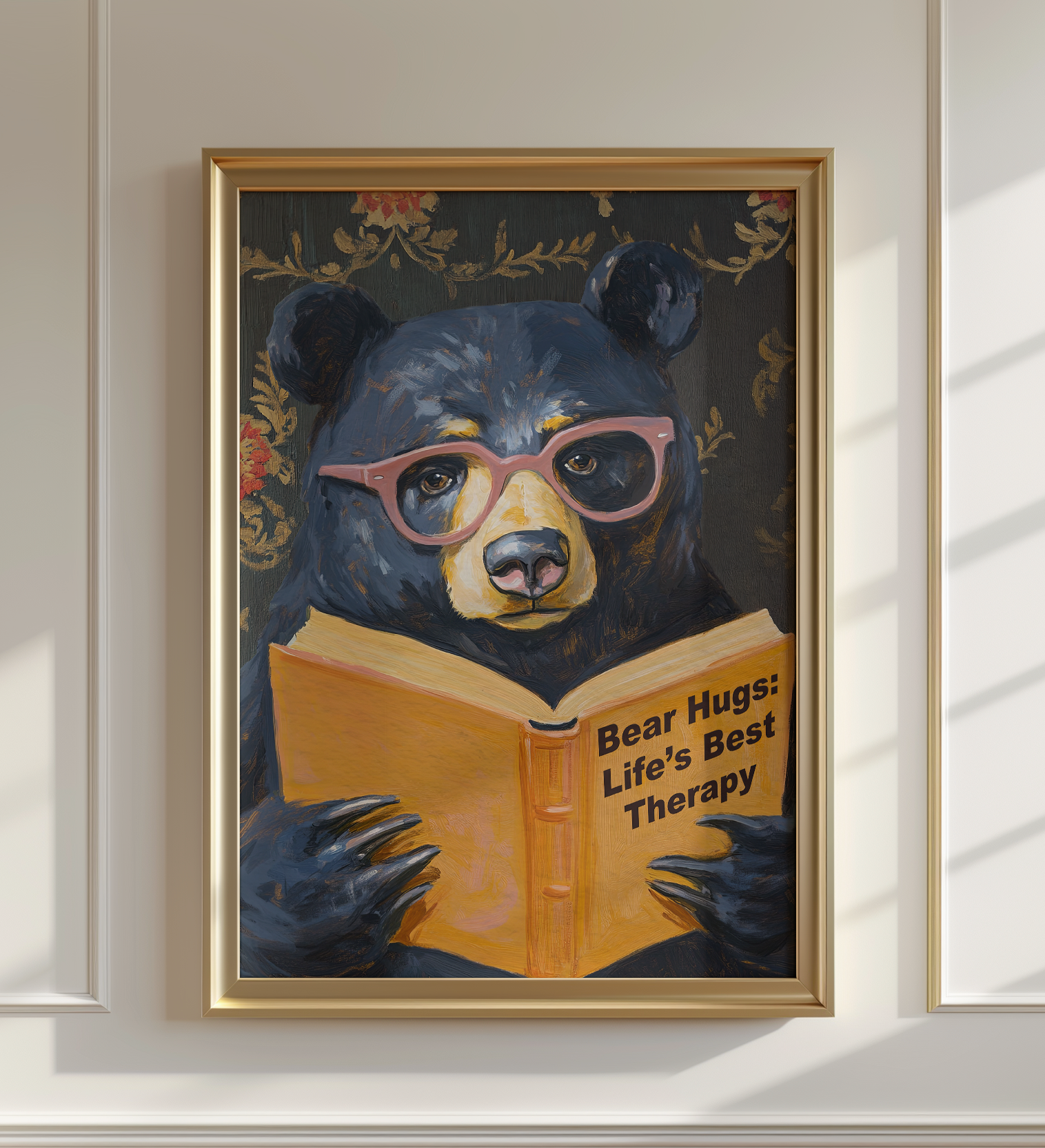 Whimsical Bear Reading Book Art Print – Cute Bear Hug Illustration, Fun Animal Art, Bear Lover Gift, Cozy Bear Wall Art