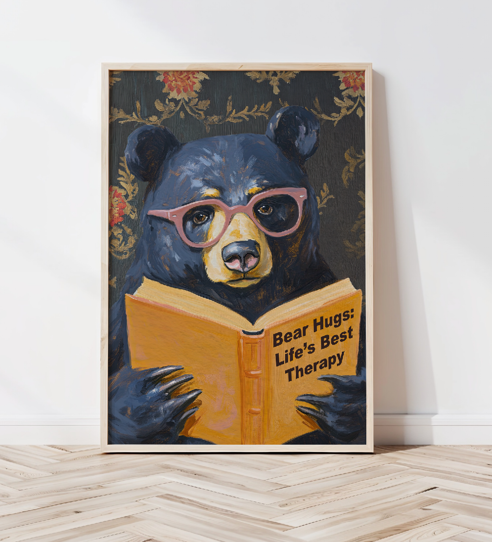 Whimsical Bear Reading Book Art Print – Cute Bear Hug Illustration, Fun Animal Art, Bear Lover Gift, Cozy Bear Wall Art