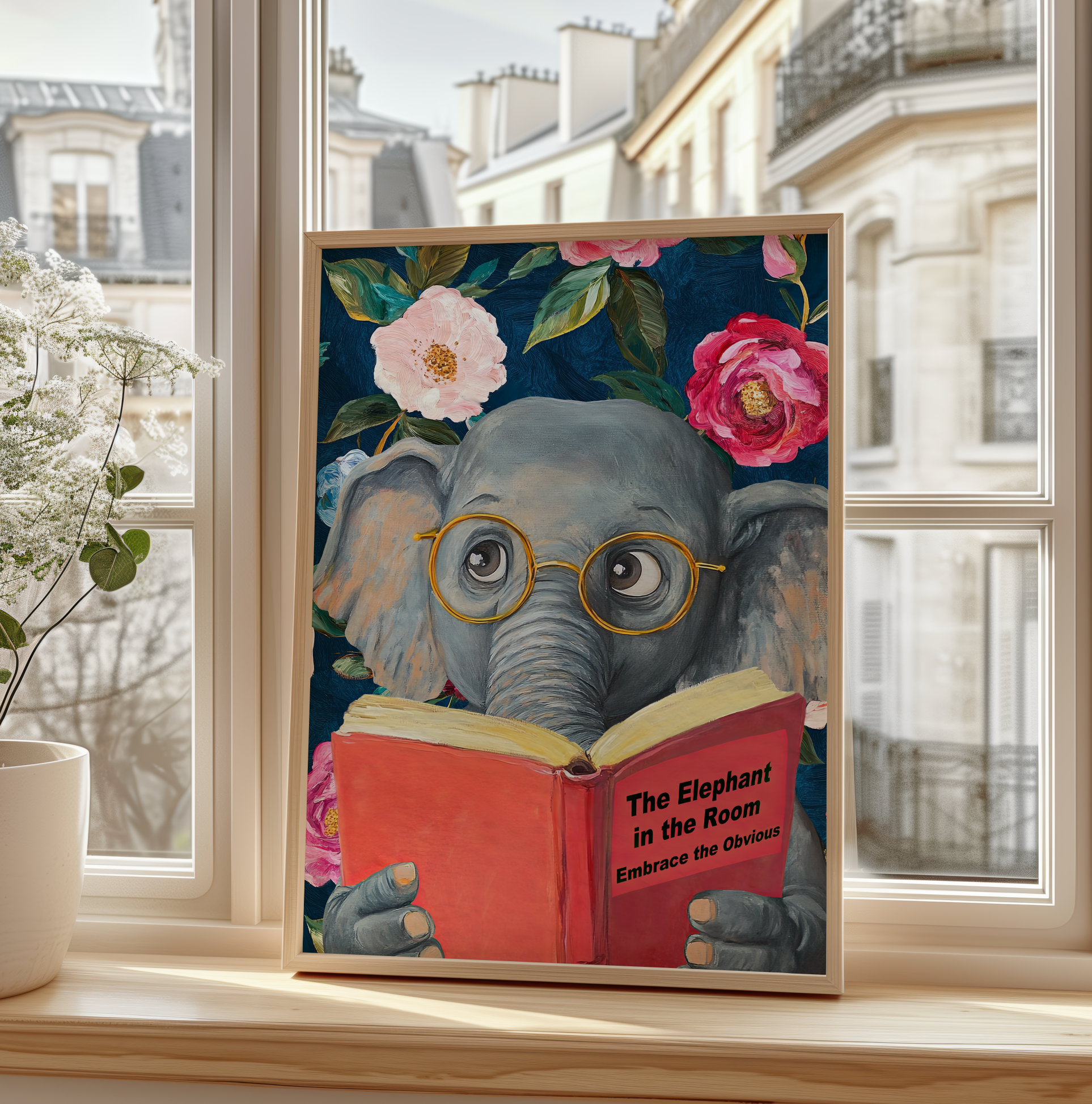 Funny Elephant Reading Book Art Print – The Elephant in the Room: Embrace the Obvious,  Fun Animal Art, Elephant Lover Gift, Quirky Wall Art