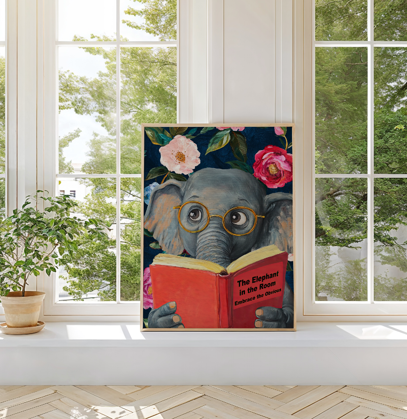Funny Elephant Reading Book Art Print – The Elephant in the Room: Embrace the Obvious,  Fun Animal Art, Elephant Lover Gift, Quirky Wall Art