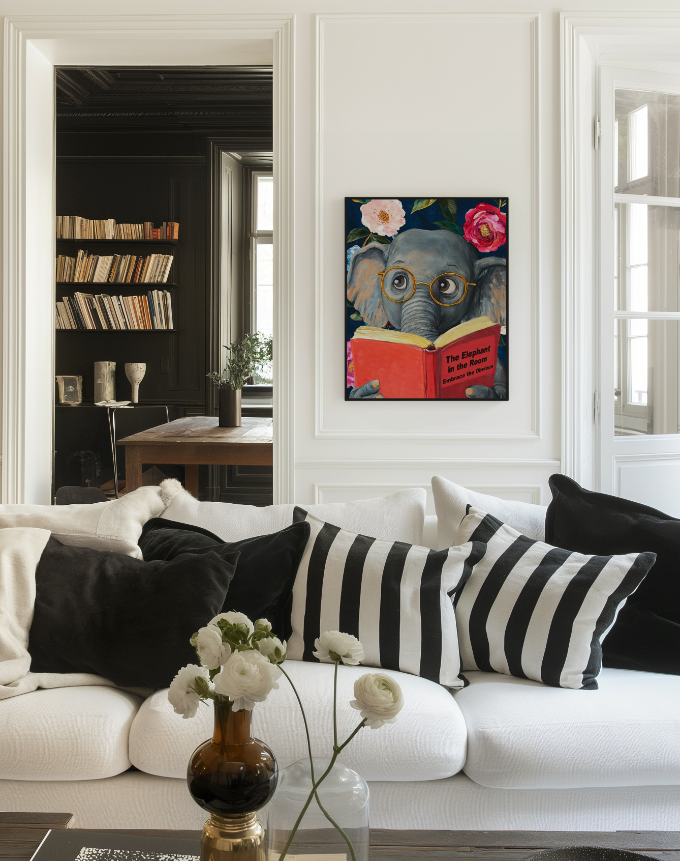 Funny Elephant Reading Book Art Print – The Elephant in the Room: Embrace the Obvious,  Fun Animal Art, Elephant Lover Gift, Quirky Wall Art