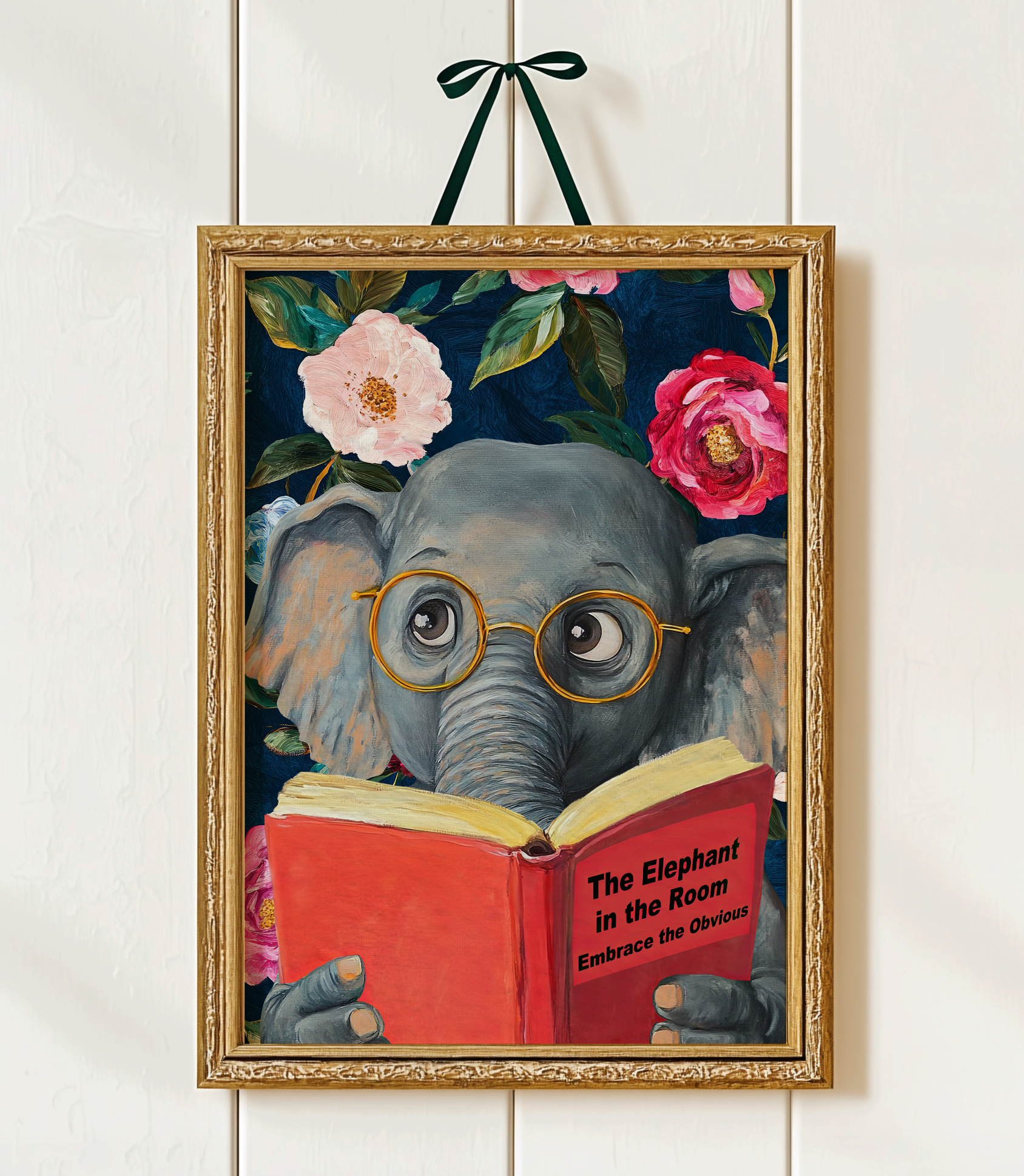 Funny Elephant Reading Book Art Print – The Elephant in the Room: Embrace the Obvious,  Fun Animal Art, Elephant Lover Gift, Quirky Wall Art