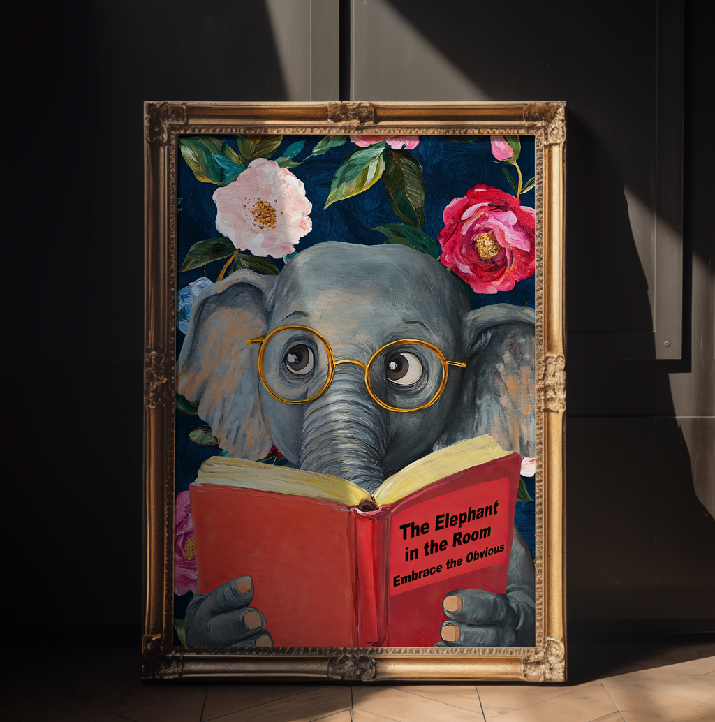 Funny Elephant Reading Book Art Print – The Elephant in the Room: Embrace the Obvious,  Fun Animal Art, Elephant Lover Gift, Quirky Wall Art
