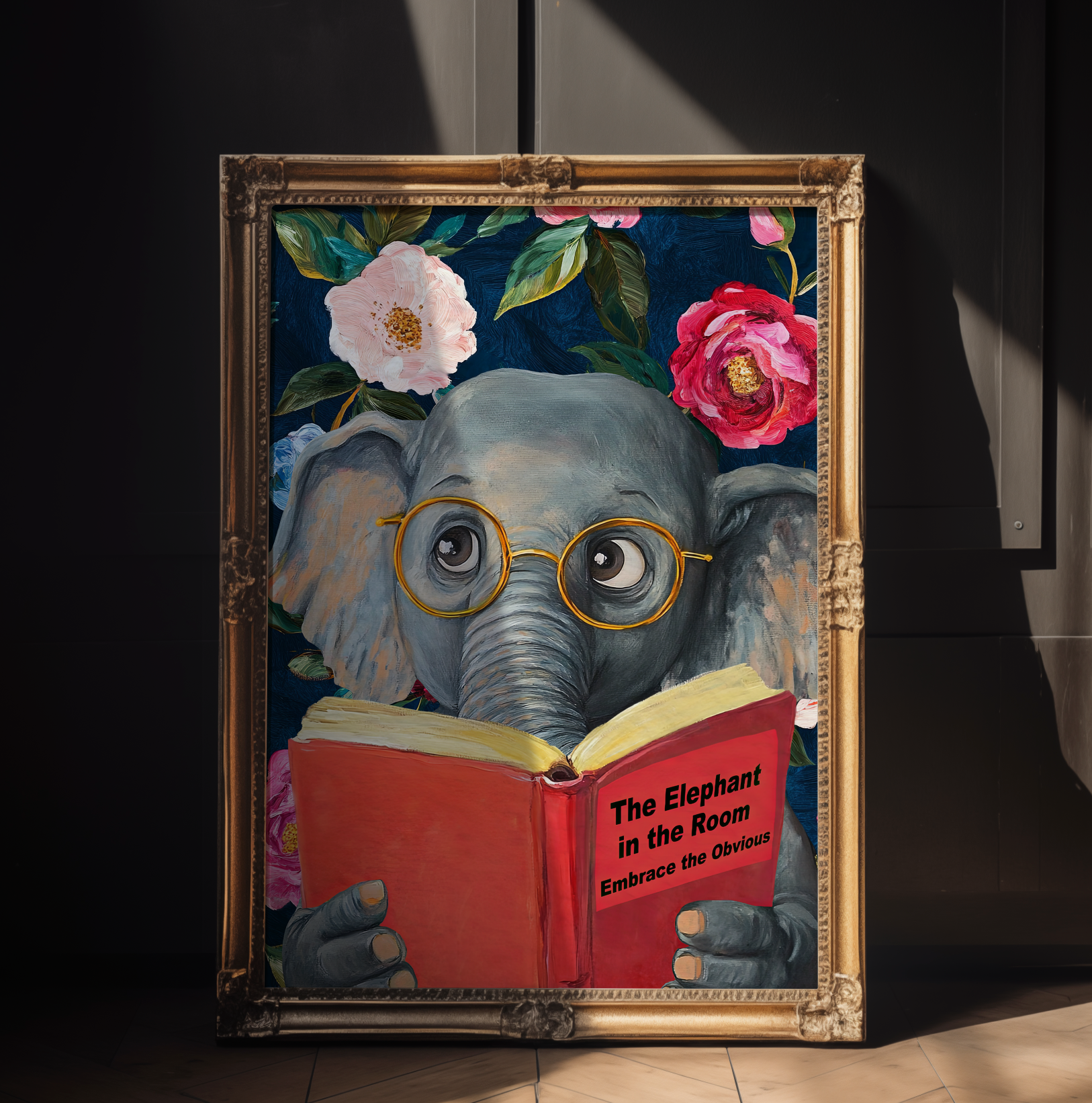 Funny Elephant Reading Book Art Print – The Elephant in the Room: Embrace the Obvious,  Fun Animal Art, Elephant Lover Gift, Quirky Wall Art
