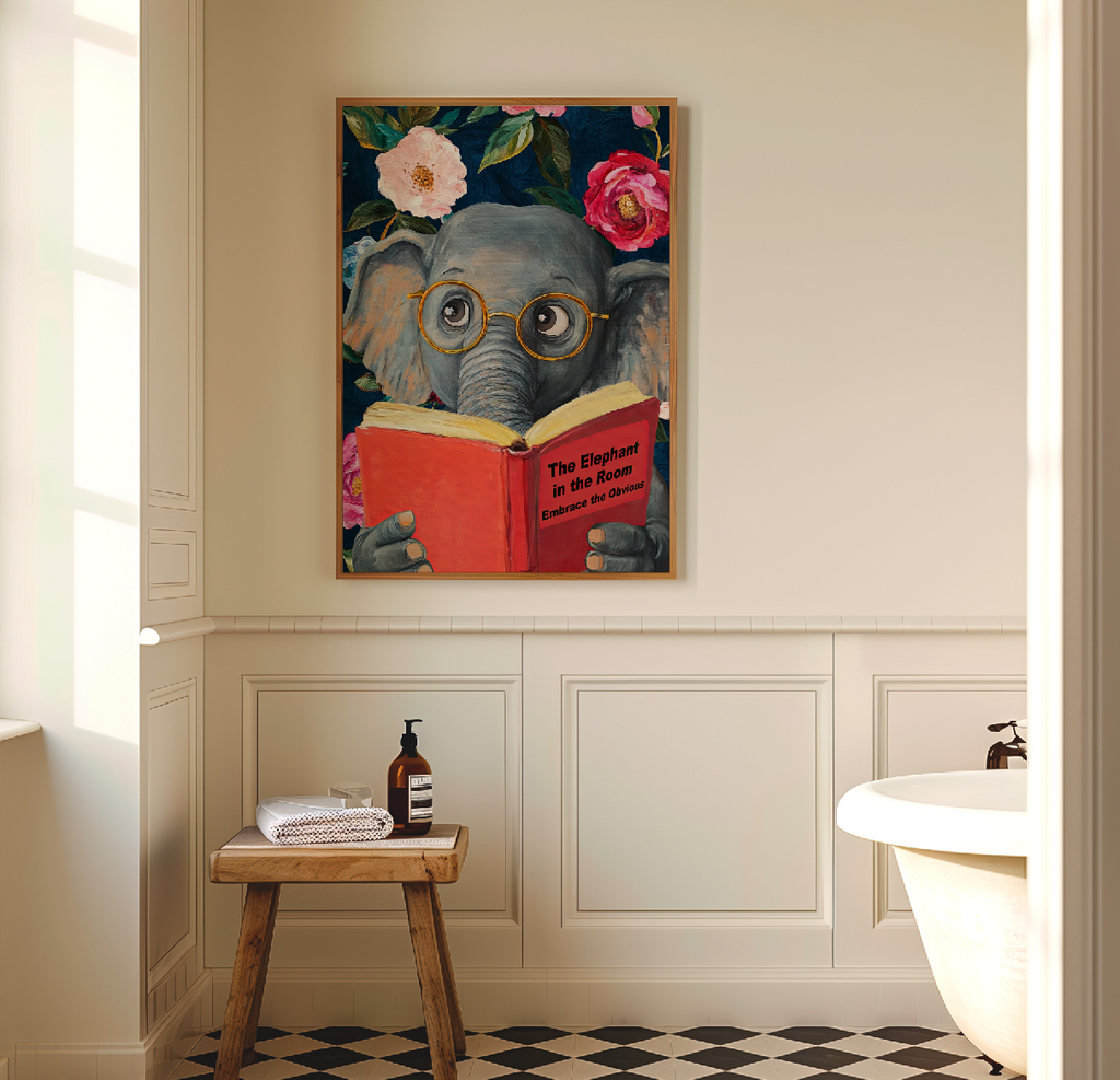 Funny Elephant Reading Book Art Print – The Elephant in the Room: Embrace the Obvious,  Fun Animal Art, Elephant Lover Gift, Quirky Wall Art