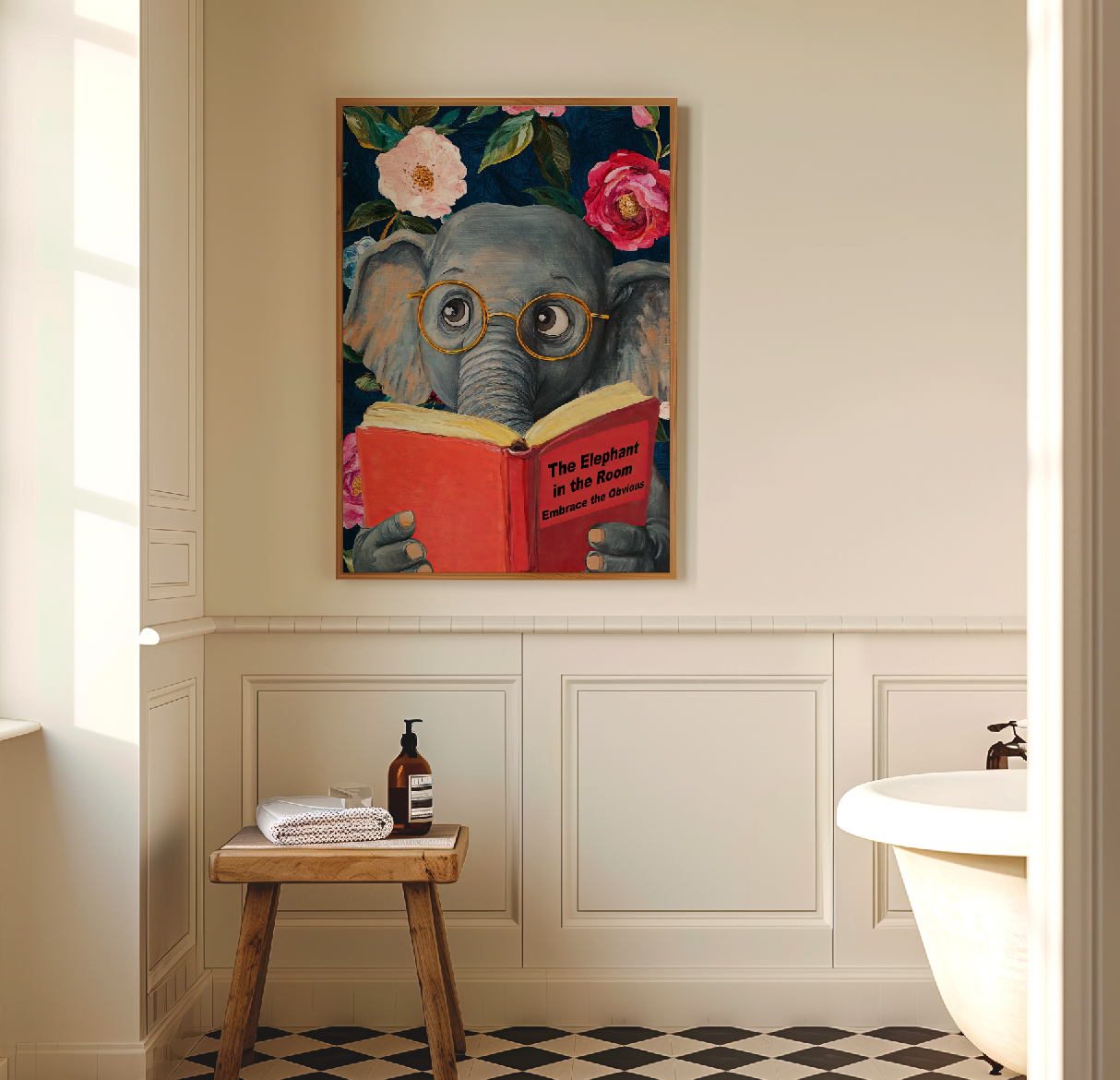 Funny Elephant Reading Book Art Print – The Elephant in the Room: Embrace the Obvious,  Fun Animal Art, Elephant Lover Gift, Quirky Wall Art