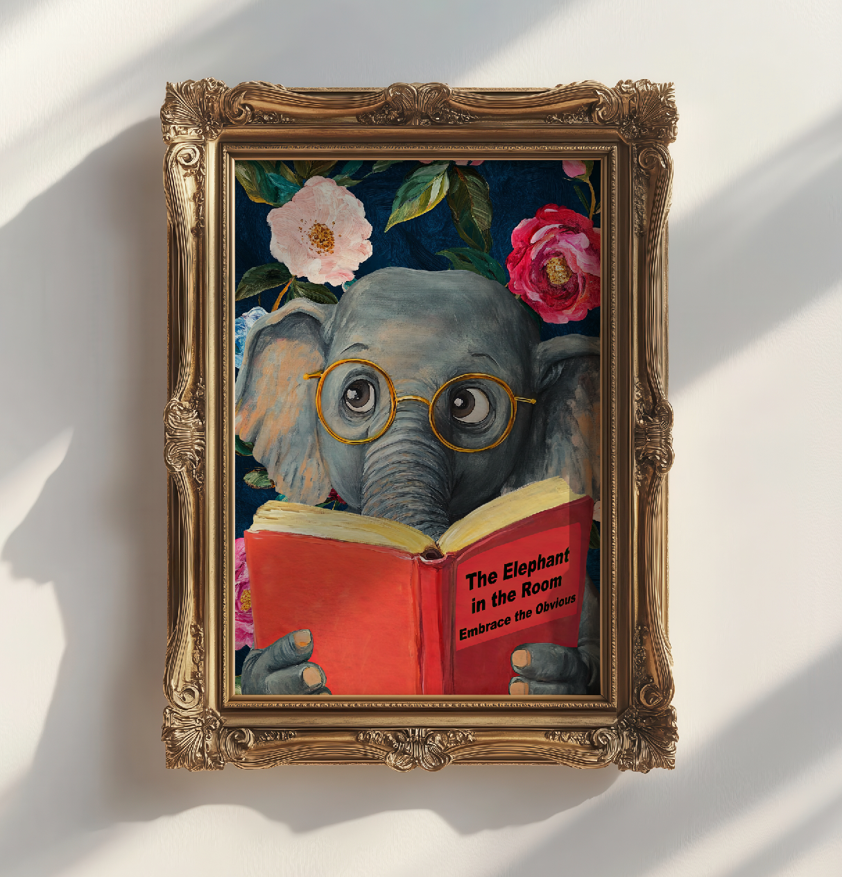 Funny Elephant Reading Book Art Print – The Elephant in the Room: Embrace the Obvious,  Fun Animal Art, Elephant Lover Gift, Quirky Wall Art
