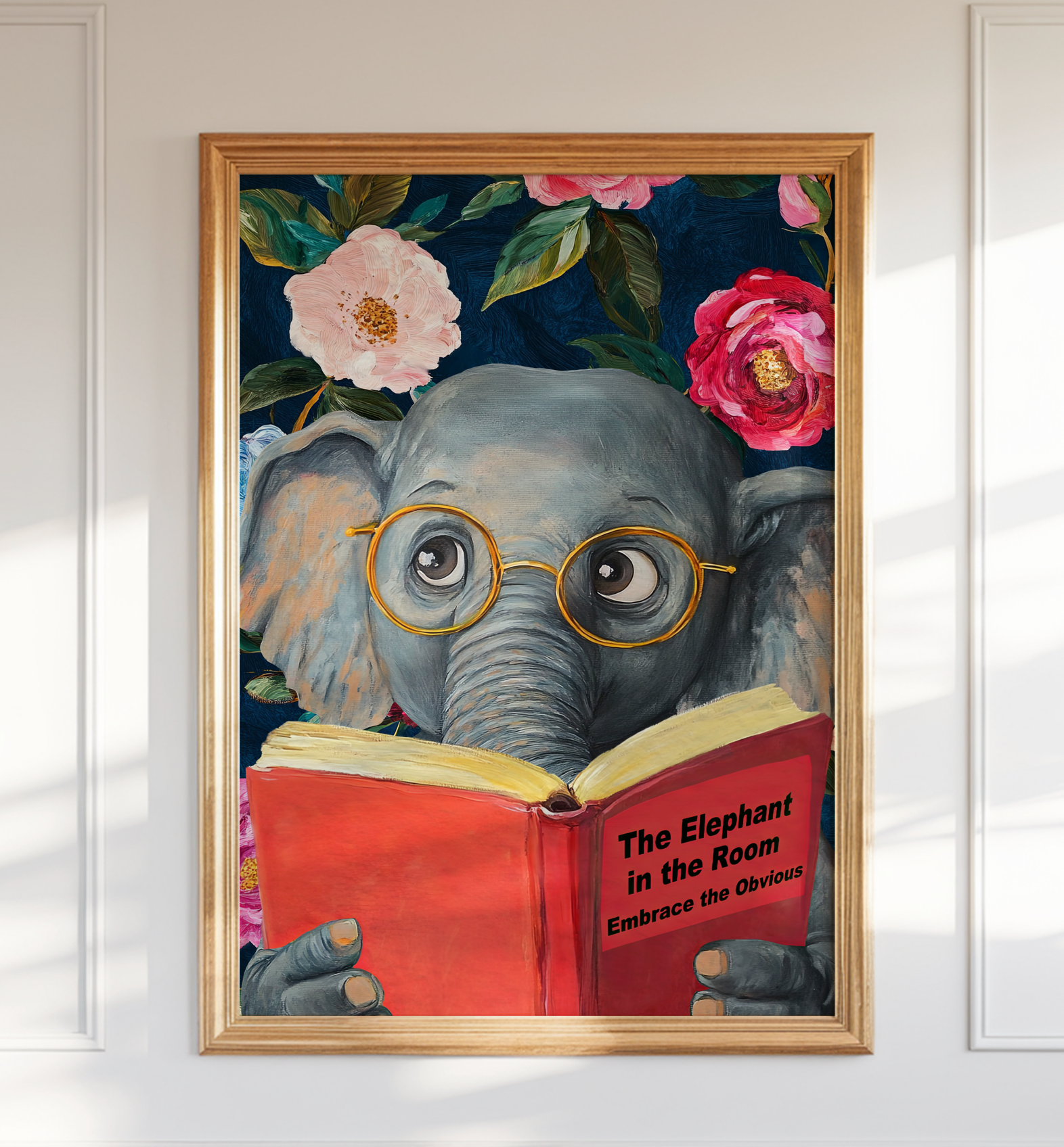 Funny Elephant Reading Book Art Print – The Elephant in the Room: Embrace the Obvious,  Fun Animal Art, Elephant Lover Gift, Quirky Wall Art