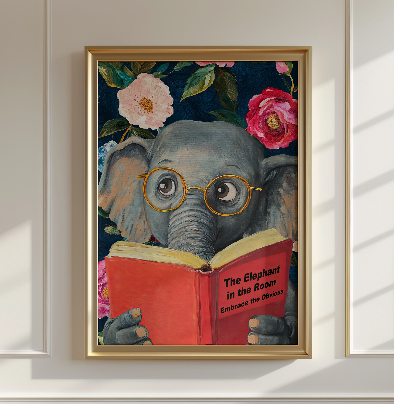 Funny Elephant Reading Book Art Print – The Elephant in the Room: Embrace the Obvious,  Fun Animal Art, Elephant Lover Gift, Quirky Wall Art
