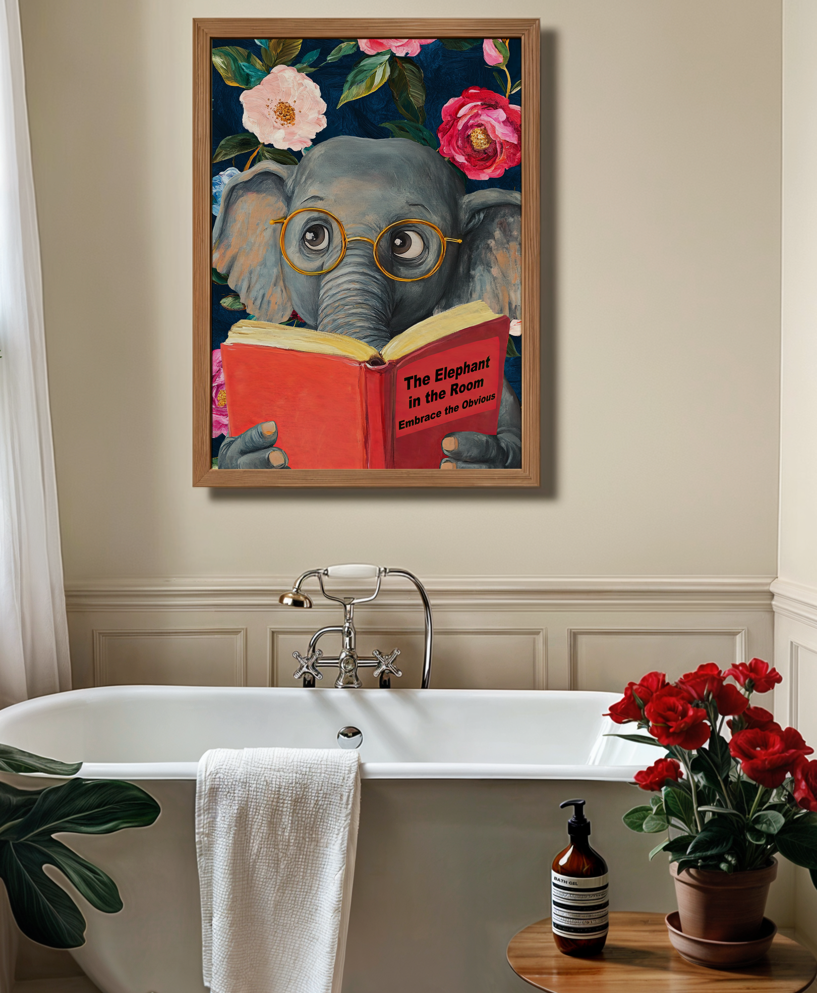 Funny Elephant Reading Book Art Print – The Elephant in the Room: Embrace the Obvious,  Fun Animal Art, Elephant Lover Gift, Quirky Wall Art