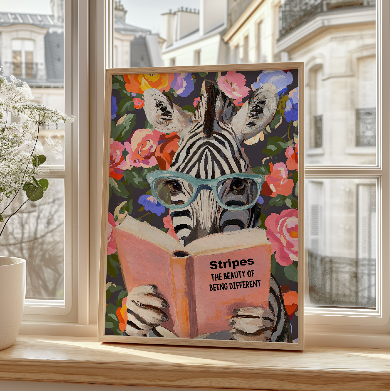 Zebra Reading Book Art Print – Literary Animal Wall Decor, Cute Zebra Illustration, Animal Lover Gift, Cozy Reading Nook Art