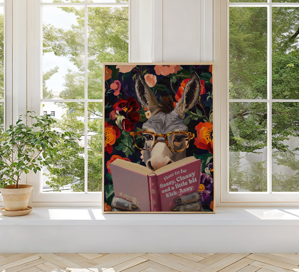Donkey Reading Book Art Print – Whimsical Donkey Illustration, Animal Lover Gift, Funny Farm Animal Decor, Literary Donkey Wall Art