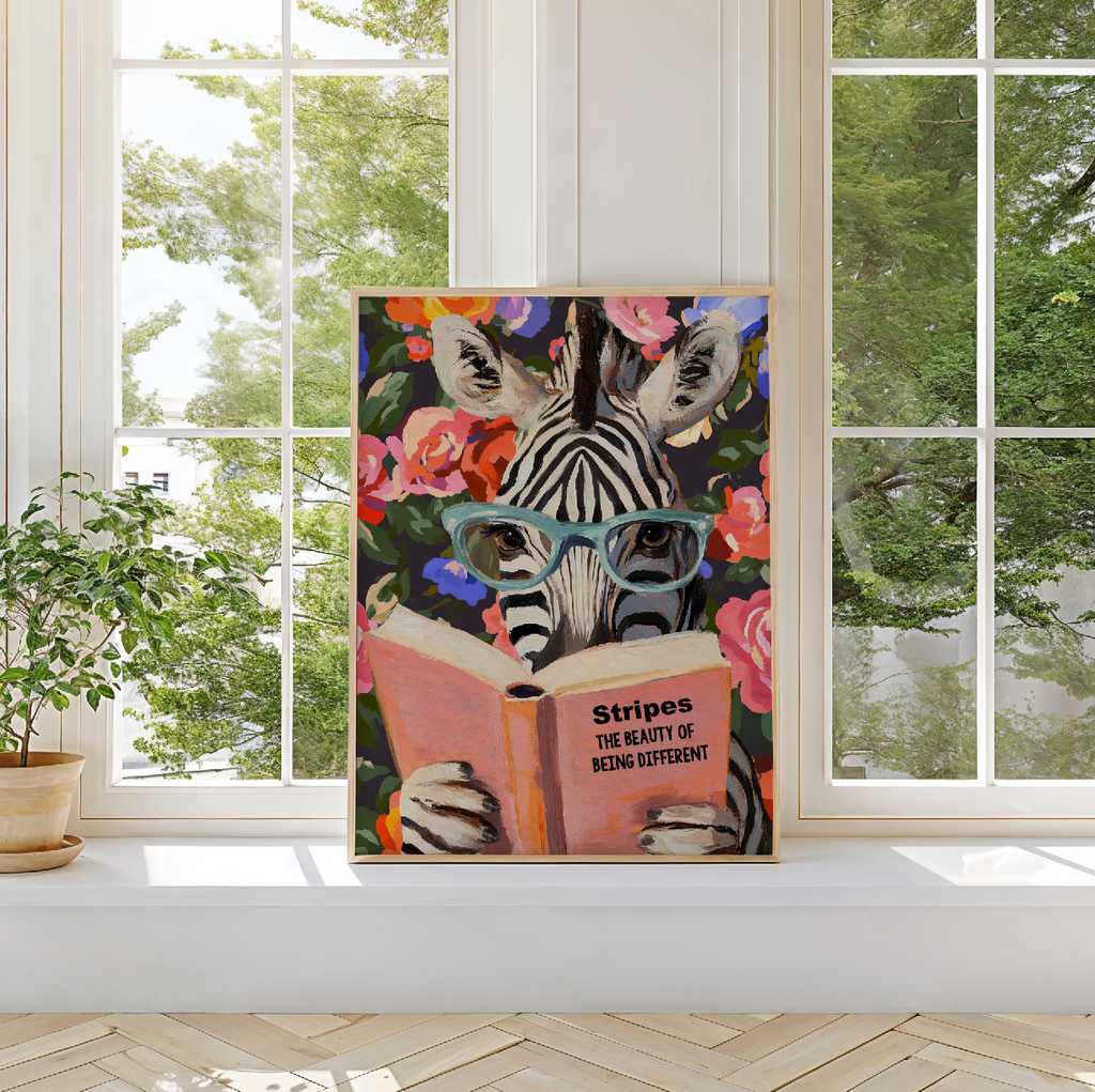 Zebra Reading Book Art Print – Literary Animal Wall Decor, Cute Zebra Illustration, Animal Lover Gift, Cozy Reading Nook Art