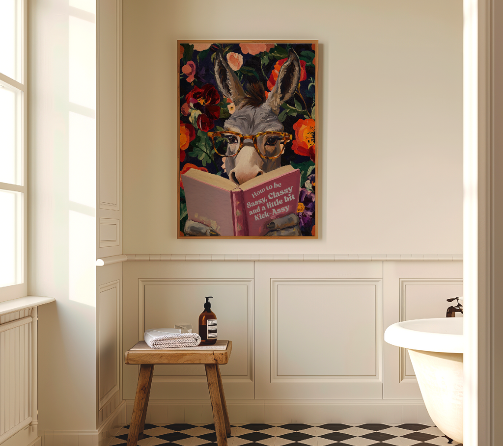 Donkey Reading Book Art Print – Whimsical Donkey Illustration, Animal Lover Gift, Funny Farm Animal Decor, Literary Donkey Wall Art