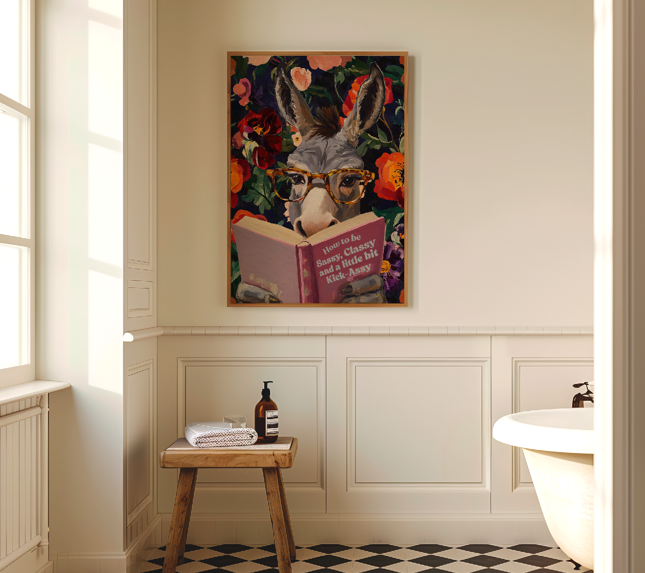 Donkey Reading Book Art Print – Whimsical Donkey Illustration, Animal Lover Gift, Funny Farm Animal Decor, Literary Donkey Wall Art